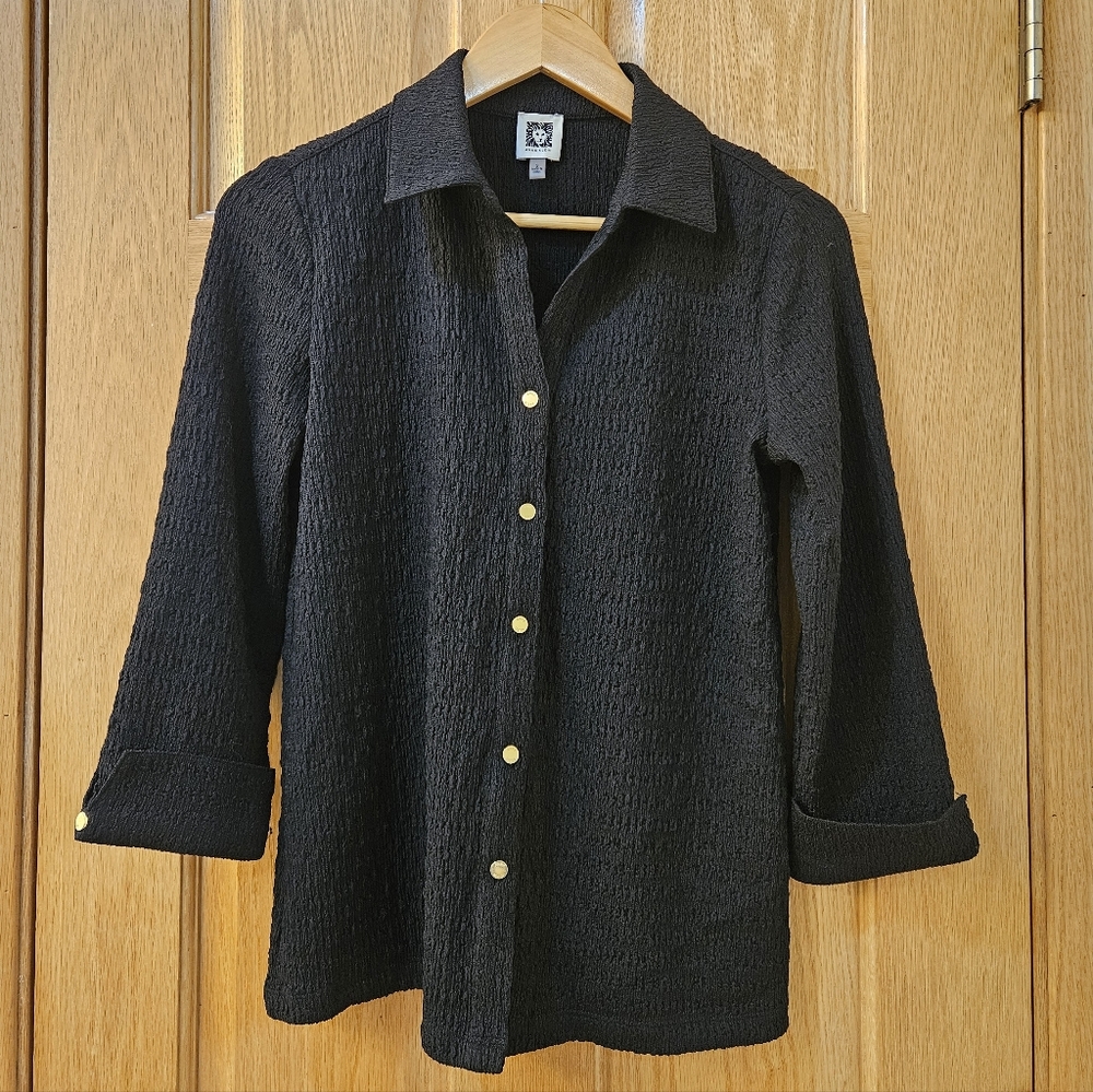 Anne Klein Black Textured Button Down Shirt